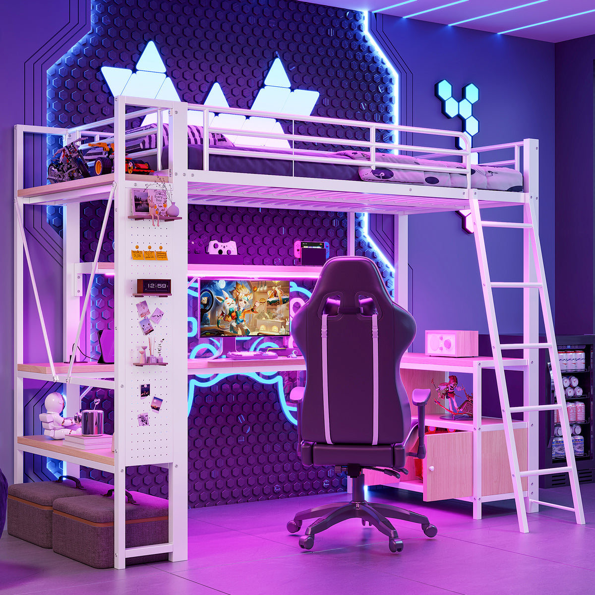 Loft Bed 90x200cm with Desk, LED & USB, White Iron Frame