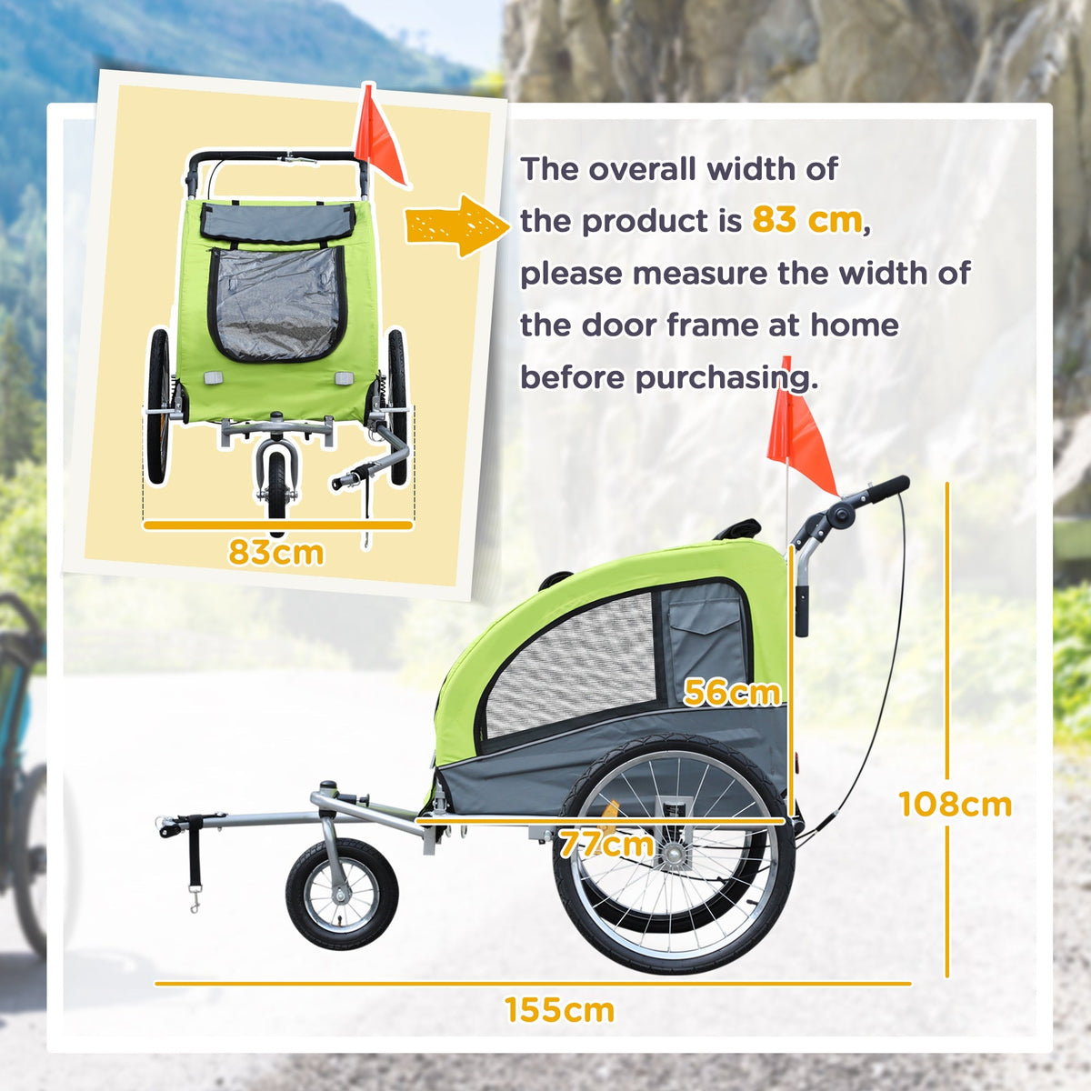 Dog Trailer Jogger Bike Trailer, Large & Sturdy, with Safety Flag, Green+Gray