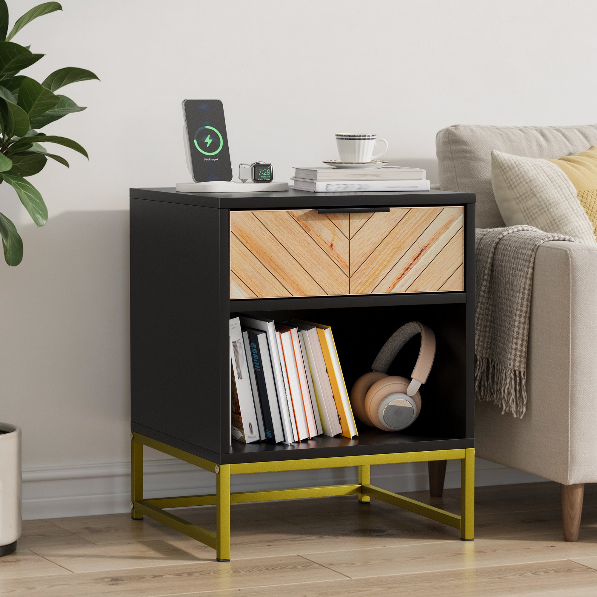 Modern Bedside Table with Drawer & Open Compartment 43x40x55 cm