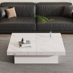 Modern white square coffee table, 90 x 90 x 25 cm with four drawers, sliding tabletop, 30 kg load capacity, marble look
