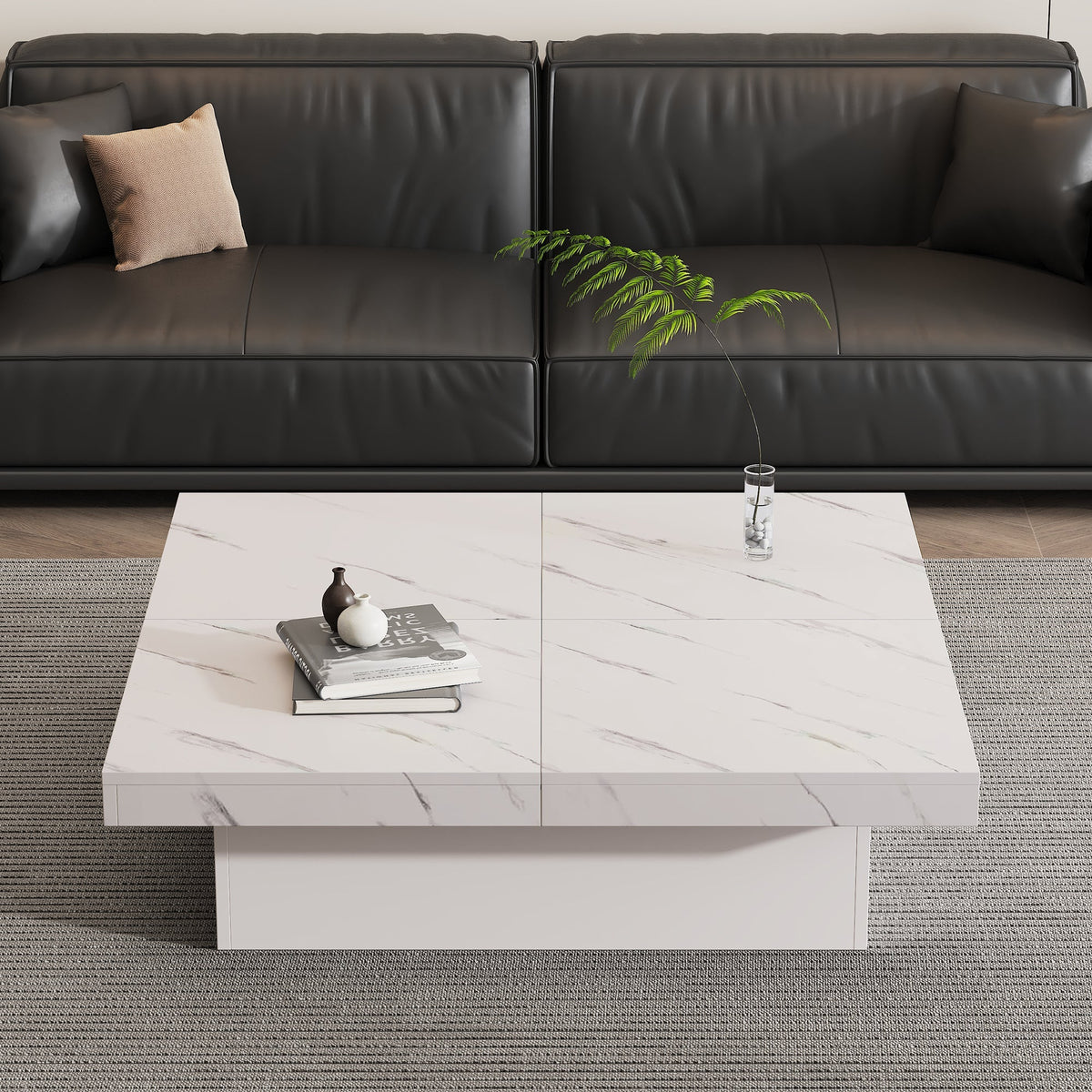 Modern white square coffee table, 90 x 90 x 25 cm with four drawers, sliding tabletop, 30 kg load capacity, marble look