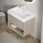 Wall-Mounted Bathroom Vanity Unit with Integrated Resin Basin and Storage, Light Oak wood Grain Color