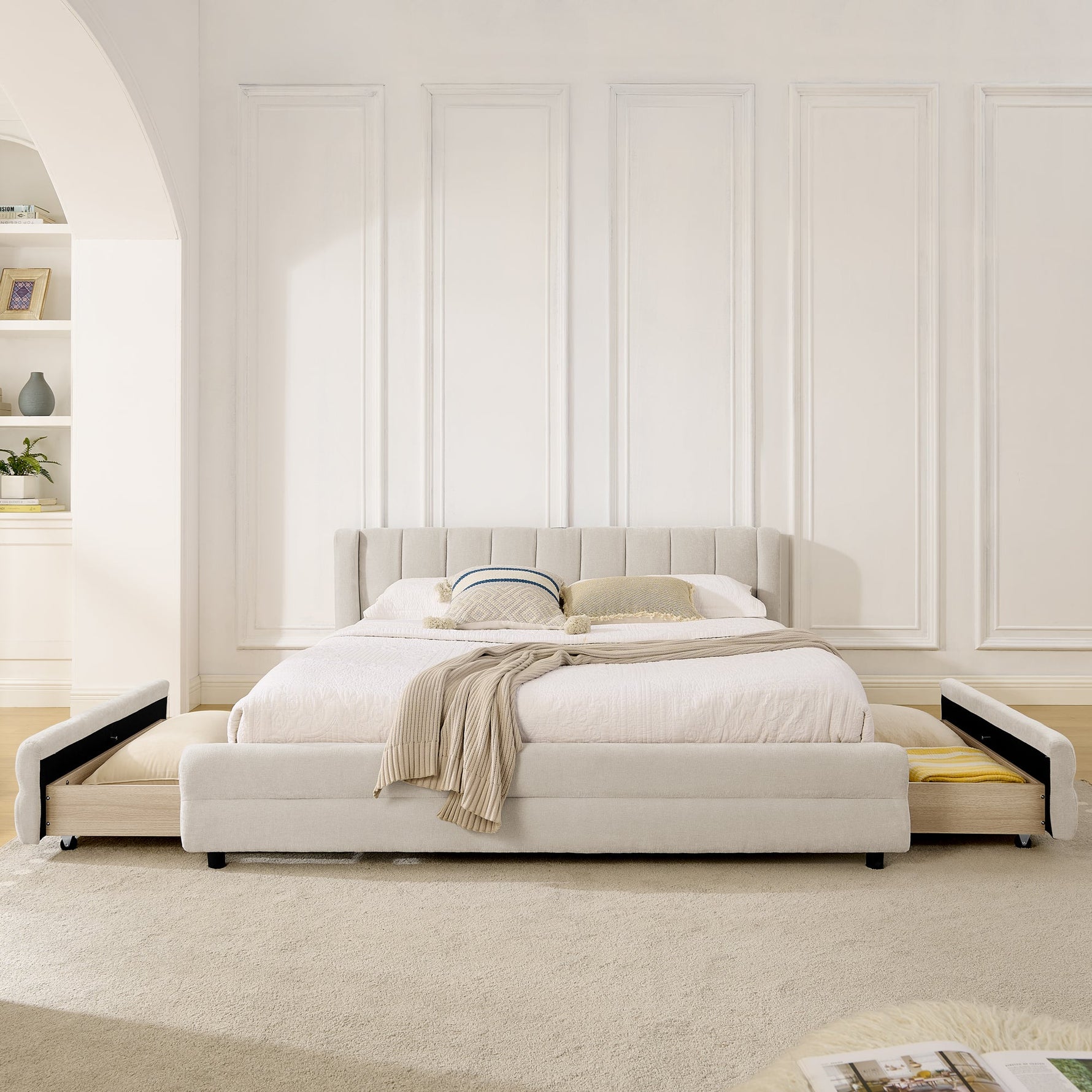 Double Bed 160x200cm Storage USB Charging Port Soft Chenille Beige