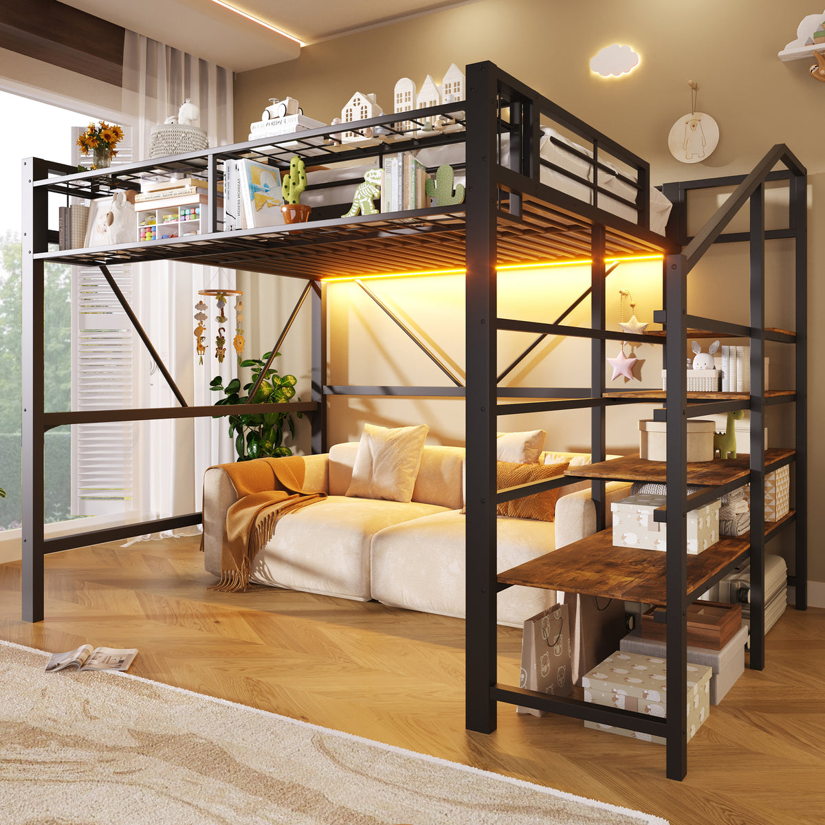 Loft Bed 140x200cm with LED Light Strip, Black Metal