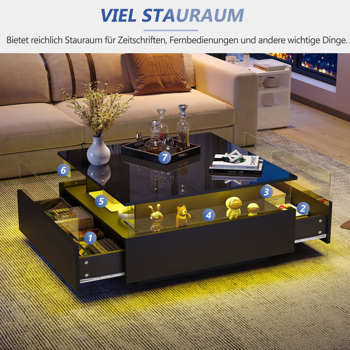 LED Coffee Table 70x70x41cm, 2 Drawers, Transparent Area, High-Gloss