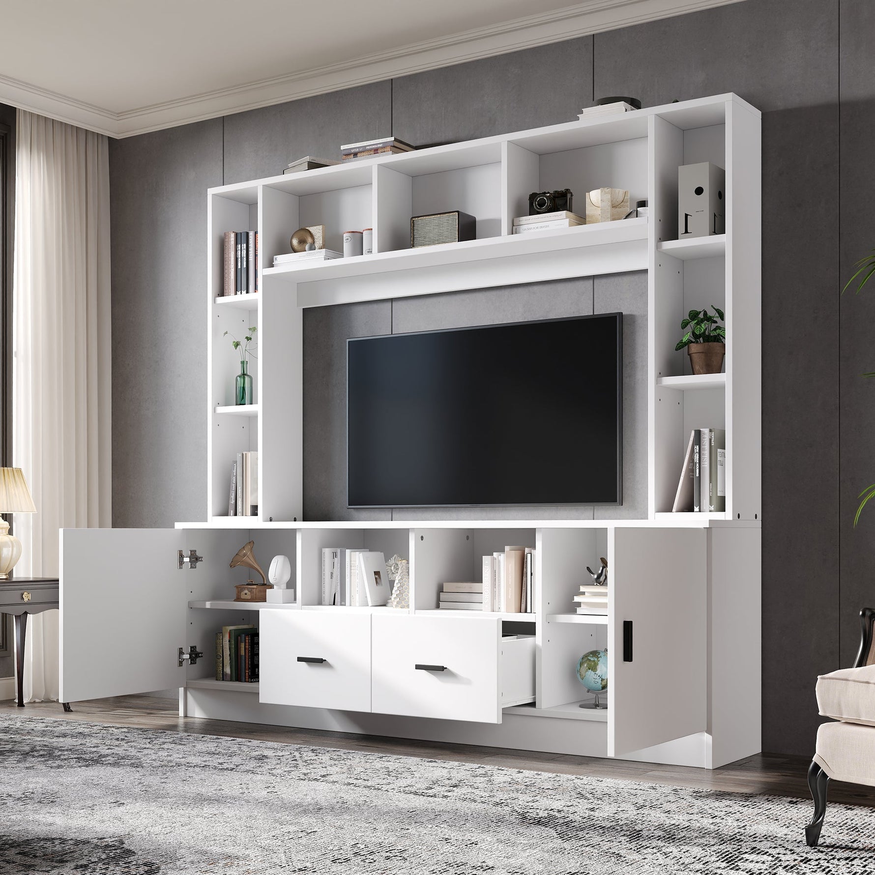 TV Wall Unit Set 180x170cm Display Cabinet 2 Cabinets 2 Drawers for 60" TV - White
