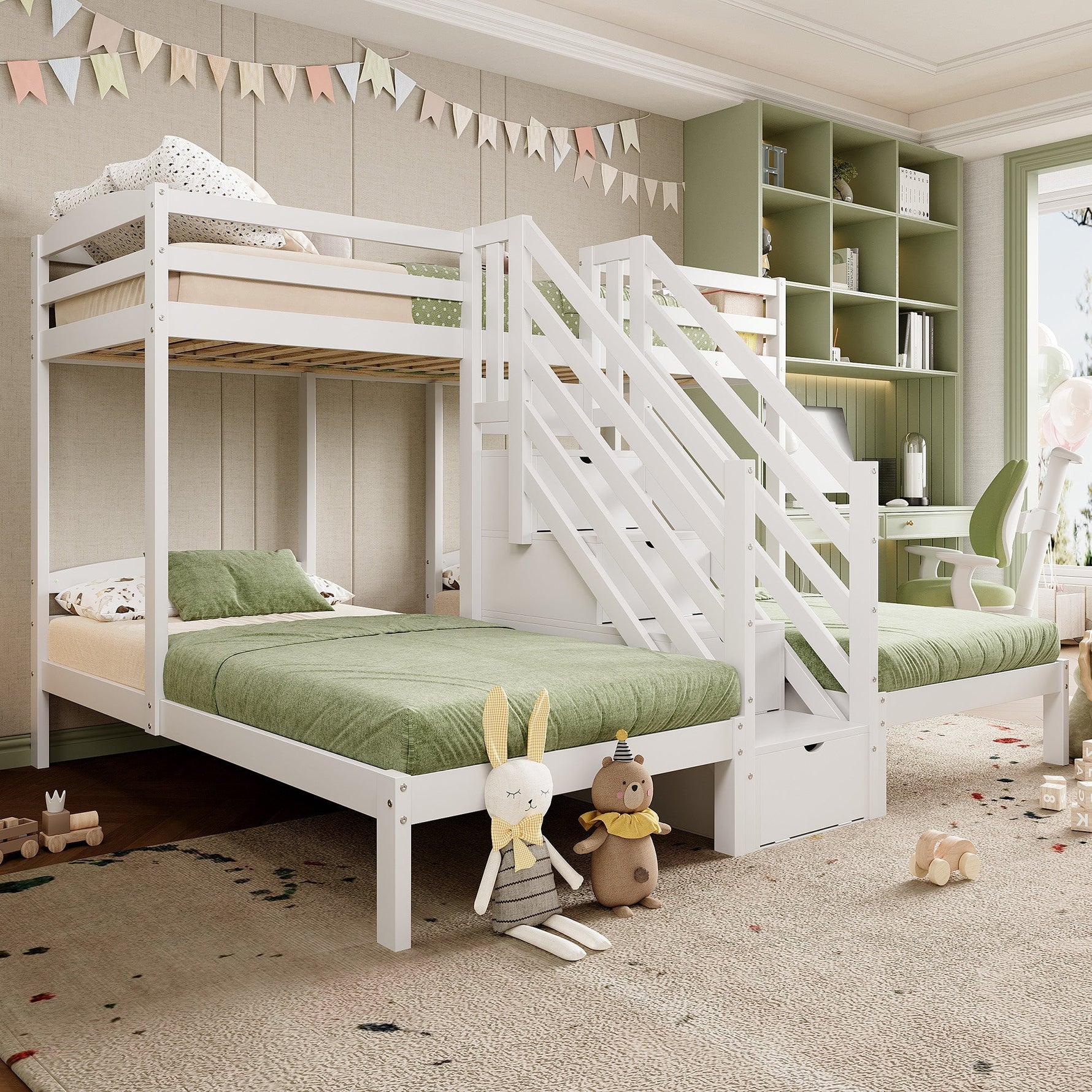 Bunk Bed with 3 Beds and Storage Ladder, White Pine Wood