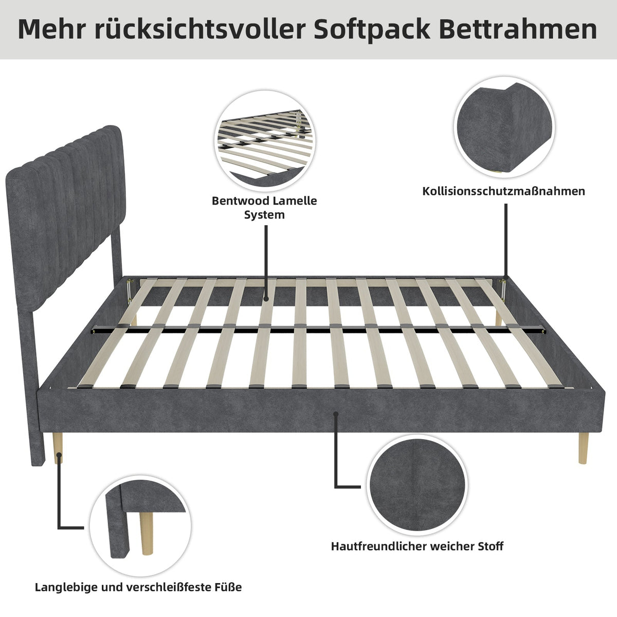 Upholstered Bed, Modern Minimalist Soft Headboard, 140x200cm Grey