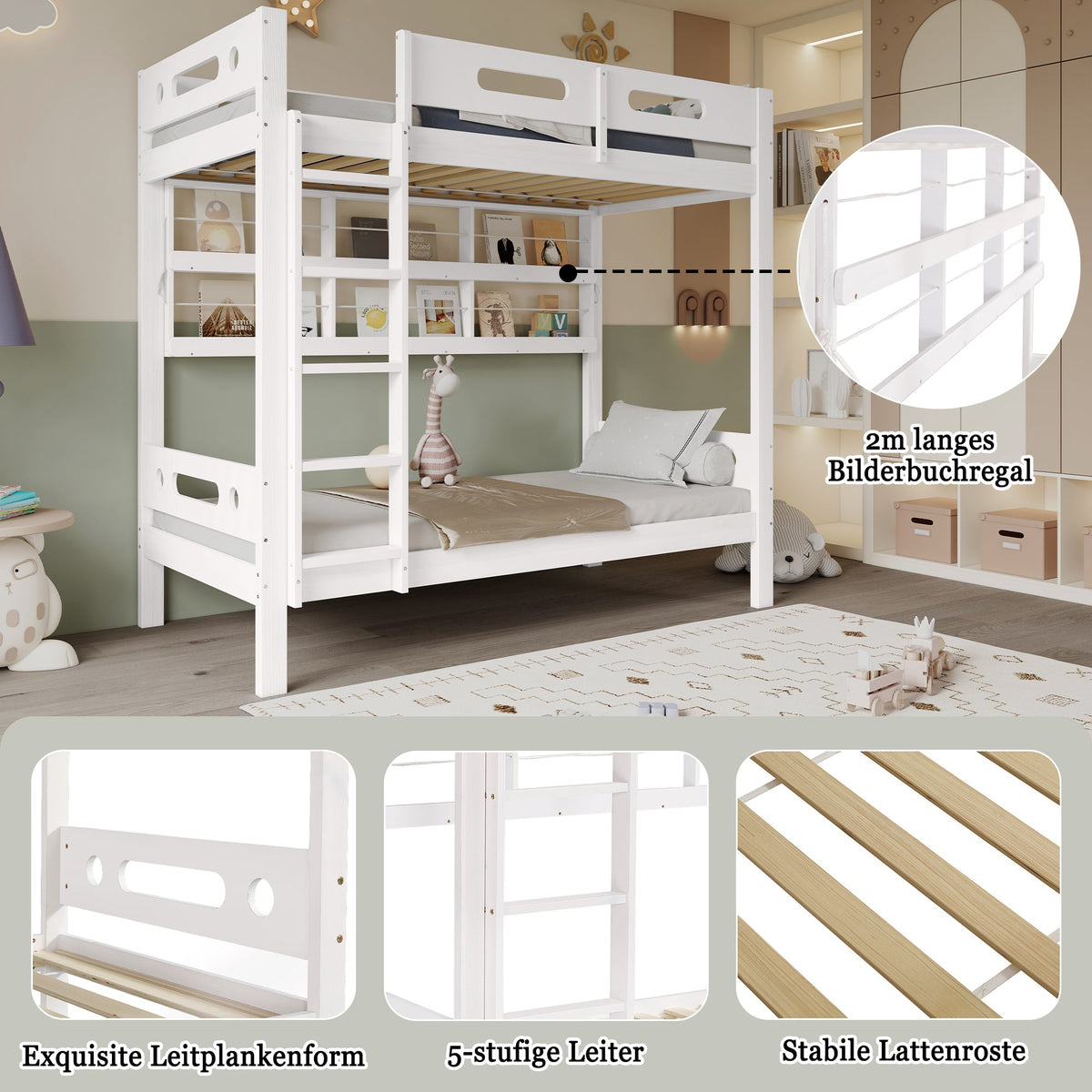 Bunk Bed, Children's with Safety Gate, Open Shelf, 5-Step Ladder, Pine + MDF White, 90x200cm