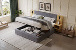 Upholstered Bed with Hydraulic Storage, LED, USB and 2 Bedside Tables, 160x200cm, Grey and Natural Velvet
