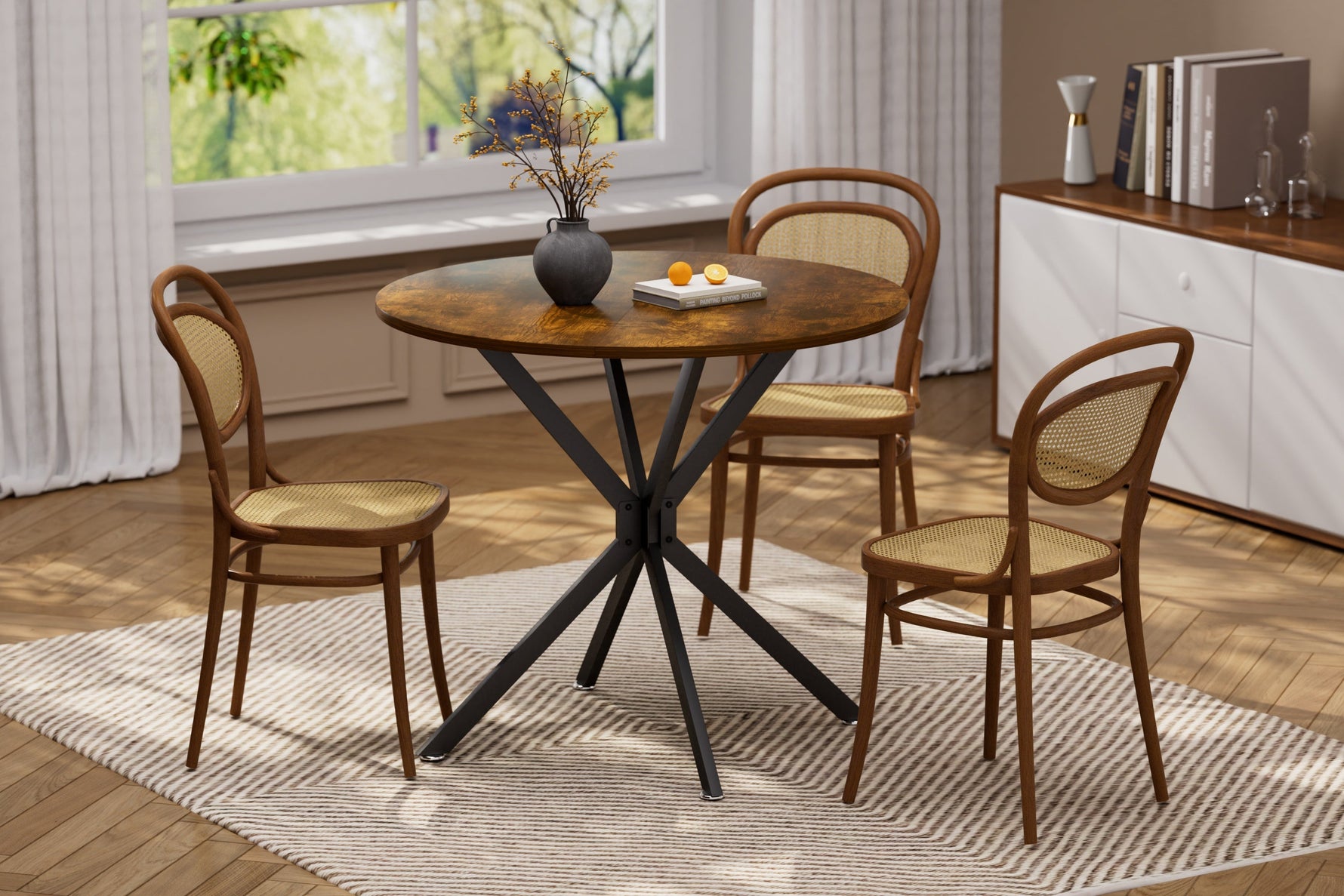 90 cm Round Dining Table, Space-Saving Kitchen Table with Metal Legs, Brown & Black