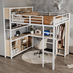 Iron Loft Bed, Double Storage, Wardrobe, White & Natural Iron
