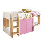 Children's House Bed Mid-Height 90x200 Storage Climbing Ladder - White/Pink Wood