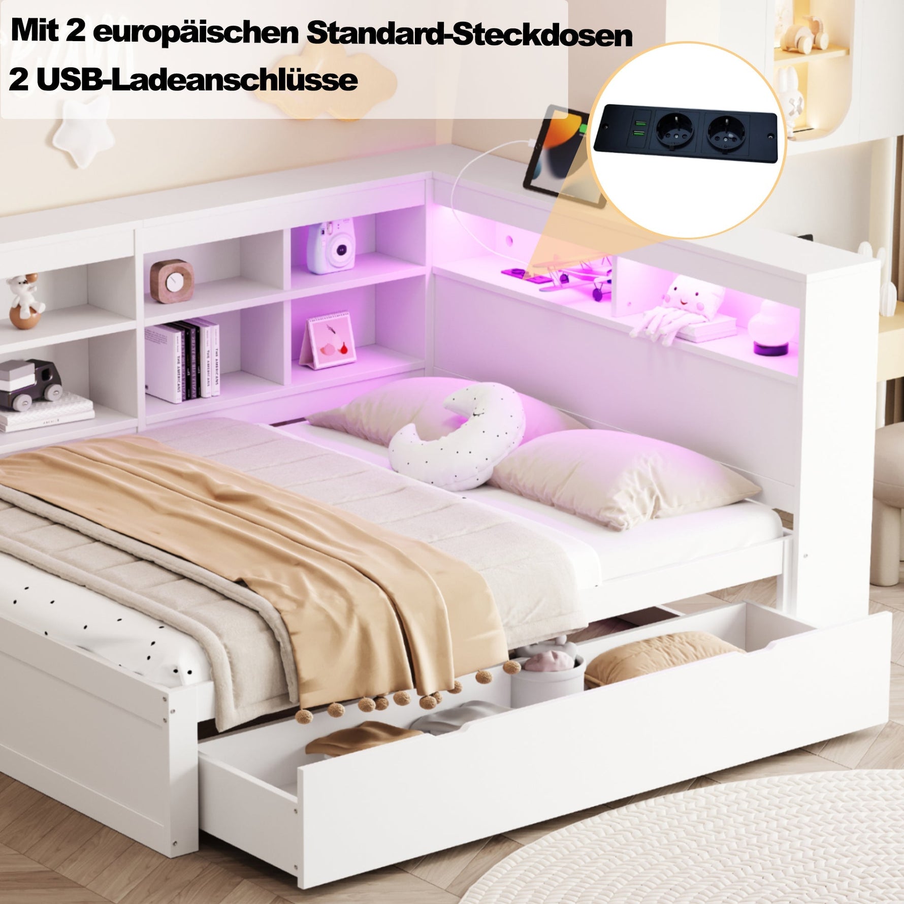 Solid Wood Sofa, 140x200cm Double Bed with Drawers, USB, LED, Shelves, White