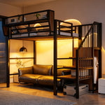 Loft Bed 90x200 with LED Light & Storage Ladder, Black Metal