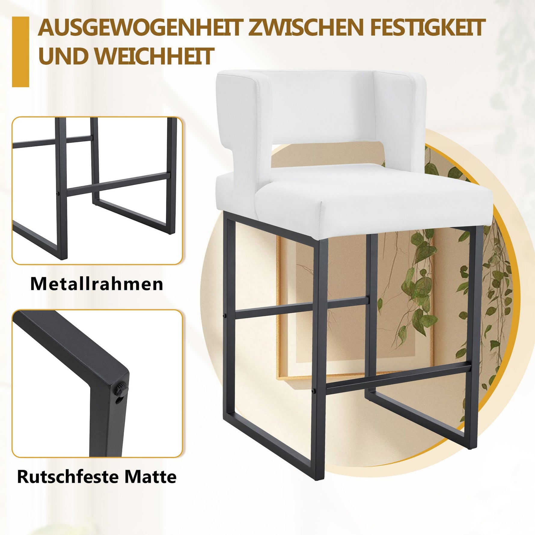 Nordic Bar Stool Set of 2 Modern Square Design Black Metal Legs - White