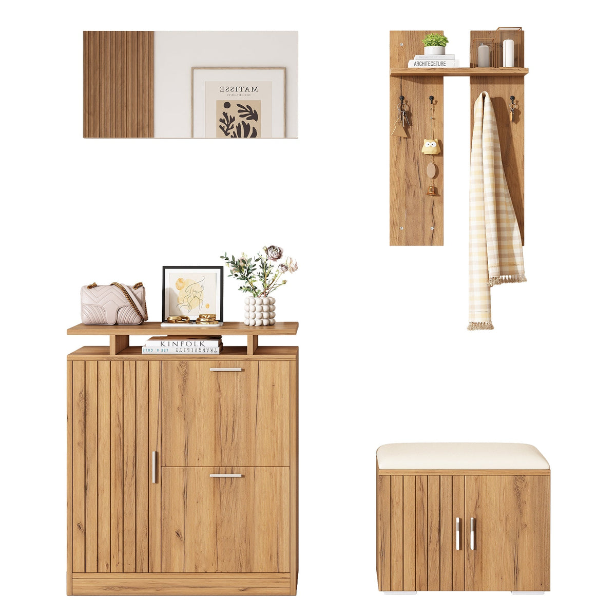 Hallway Wardrobe Set, Shoe Bench and Cabinet with Mirror, 4 Hooks, 5 Doors, Natural