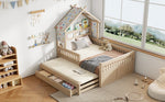 Wooden House Bed with Pull-out Bed, 3 Drawers and Safety Rails, 140x200cm, Cream