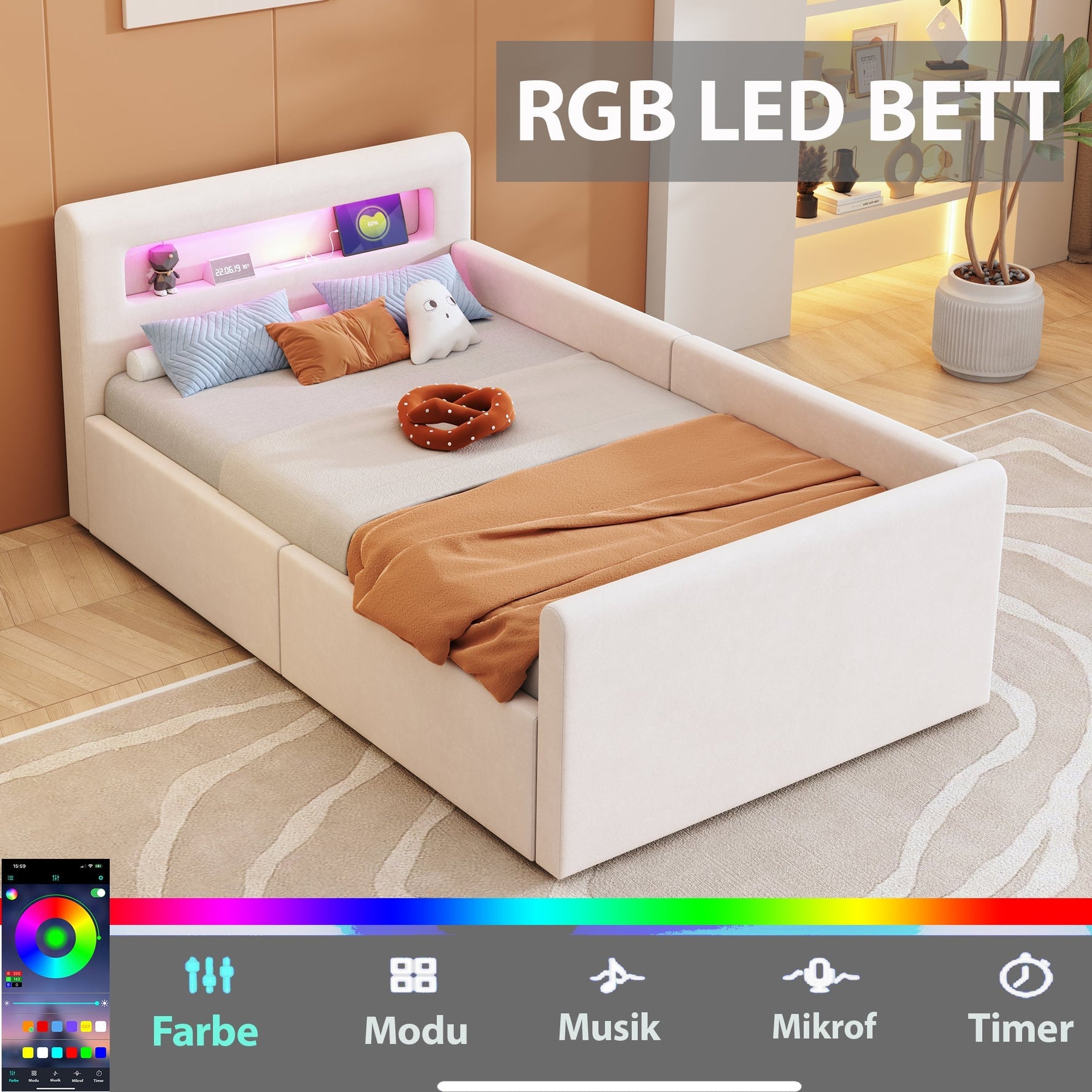 Upholstered Children's Bed 90x200 cm, LED/USB, Hydraulic Storage, Shelf, Velvet Fabric Beige