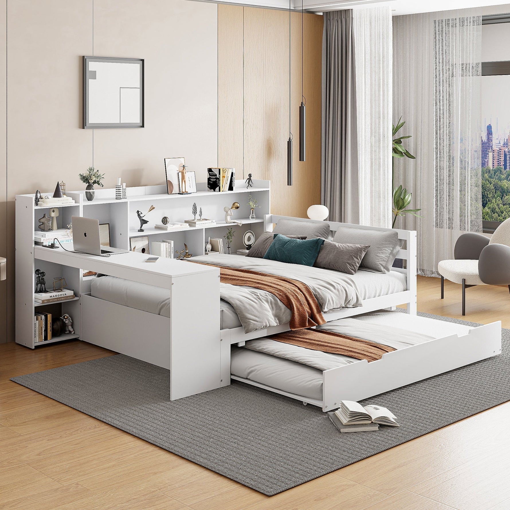 Sofa Bed, Multifunctional Double with Desk, Bookshelves, Storage, Power Outlets, Pull-Out Bed, Solid Wood