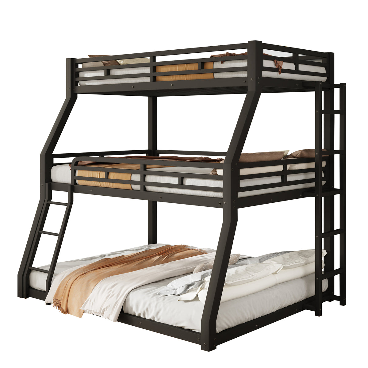 Triple Bunk Bed Frame 90x200/120x200/140x200cm, Black Metal