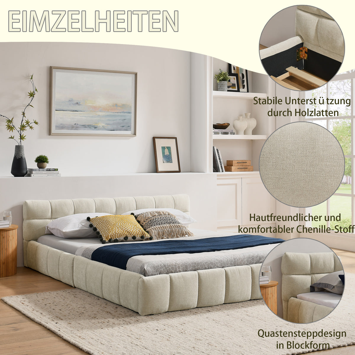 Double Bed 160x200cm Soft Quilted Frame - Beige Chenille