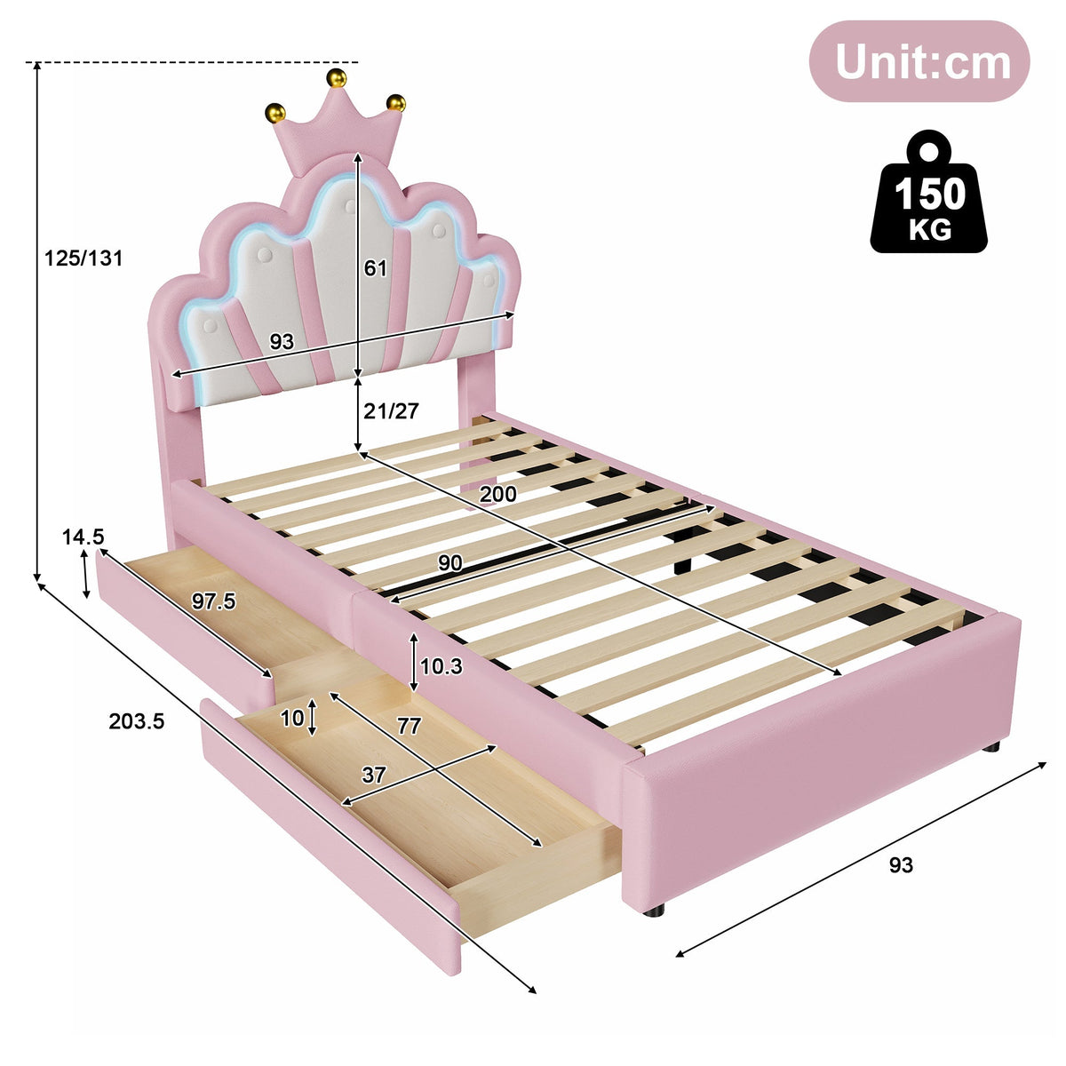 Upholstered Bed 90x200cm Crown Headboard Ambient Light 2 Drawers - Pink PU