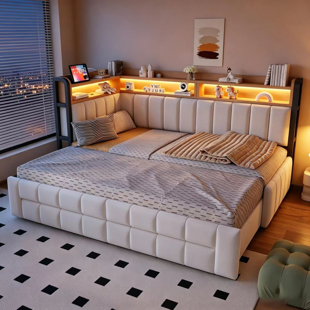 Upholstered Sofa Bed with Storage & LED Lighting, Beige Velvet