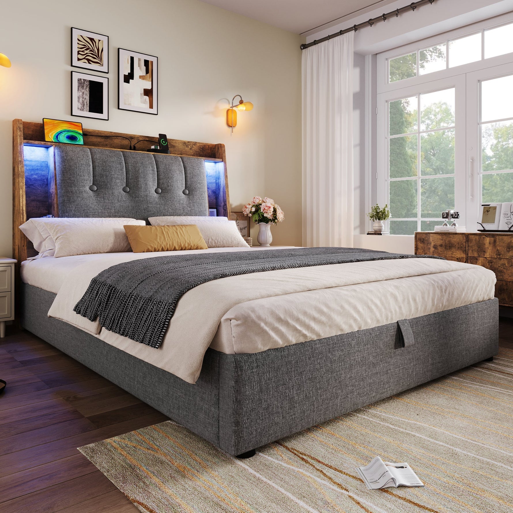 Upholstered Bed 90x200cm Flip-Top Storage LED USB/Type-C App Control - Linen Grey