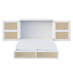 Wall Bed 140x200cm, Vertical with Slatted Frame & Storage Drawers, Rattan Design White