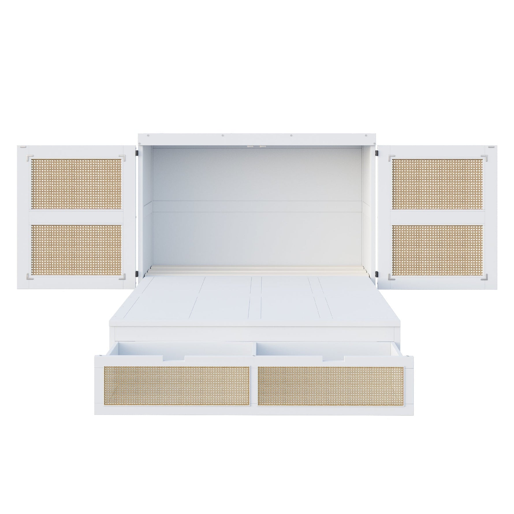 Wall Bed 140x200cm, Vertical with Slatted Frame & Storage Drawers, Rattan Design White