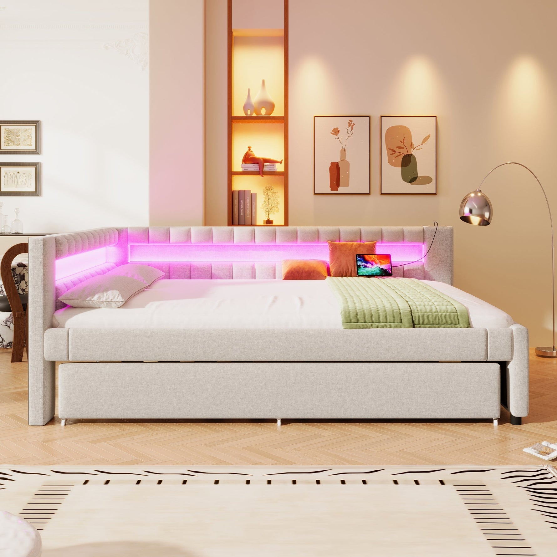 Daybed with Pull-Out Bed, LED Light Strip and USB Ports, Beige Linen