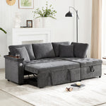 Modern L-shaped Sofa Bed, Pull-out Storage USB Charger Armrest Shelf, Grey