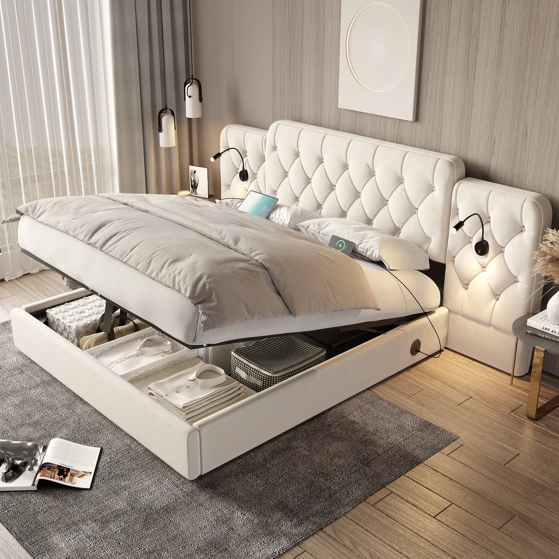 Bed Frame 160x200cm Hydraulic Storage Long Headboard USB Desk Lamp - Velvet Beige