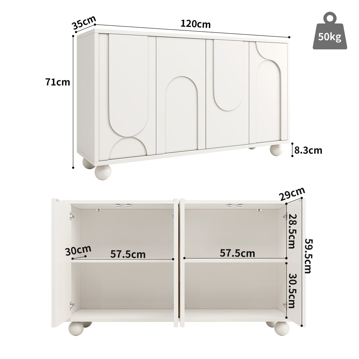 Sideboard Cabinet with Storage and Adjustable Top, White