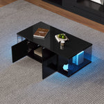 Coffee Table, Living Room Sofa Table with LED, High-Gloss, Tempered Glass, 2 Cabinets, Black Chipboard