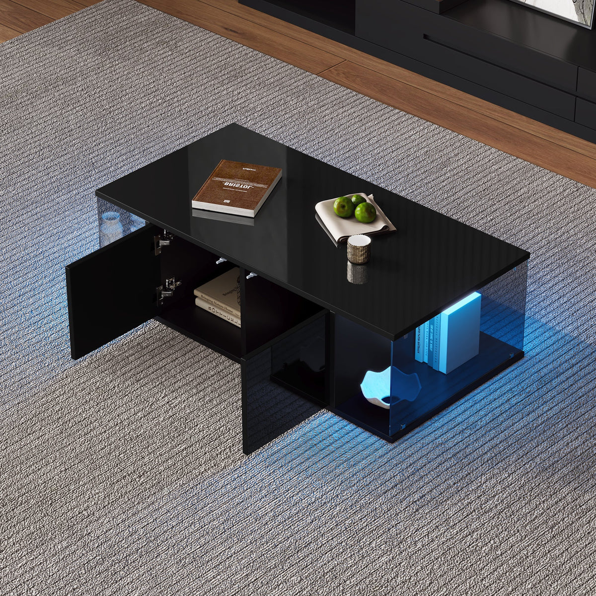 Coffee Table, Living Room Sofa Table with LED, High-Gloss, Tempered Glass, 2 Cabinets, Black Chipboard
