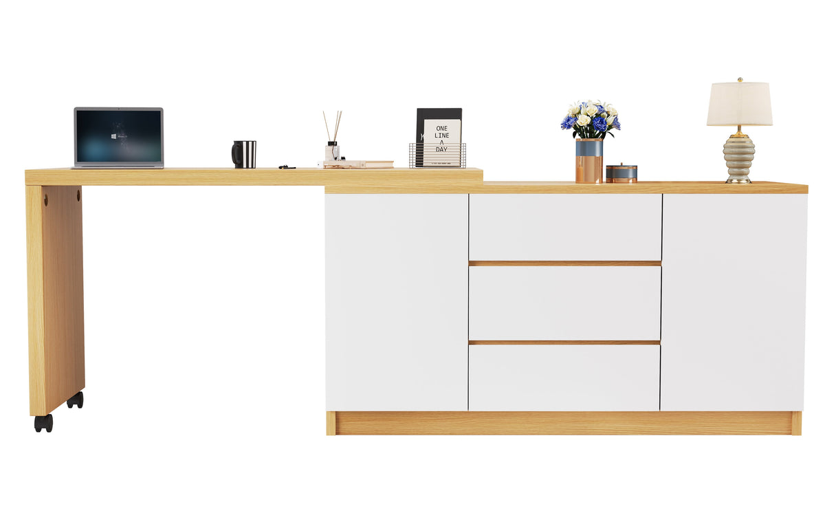 Desk, Multifunctional Rotating, Lockable Casters, White/Oak