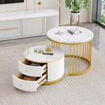 Elegant Nesting Coffee Table Set with Drawers, White Marble Look