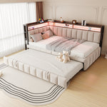 Upholstered Sofa Bed 90x200cm Pull-Out LED Storage USB/Type-C Beige Velvet