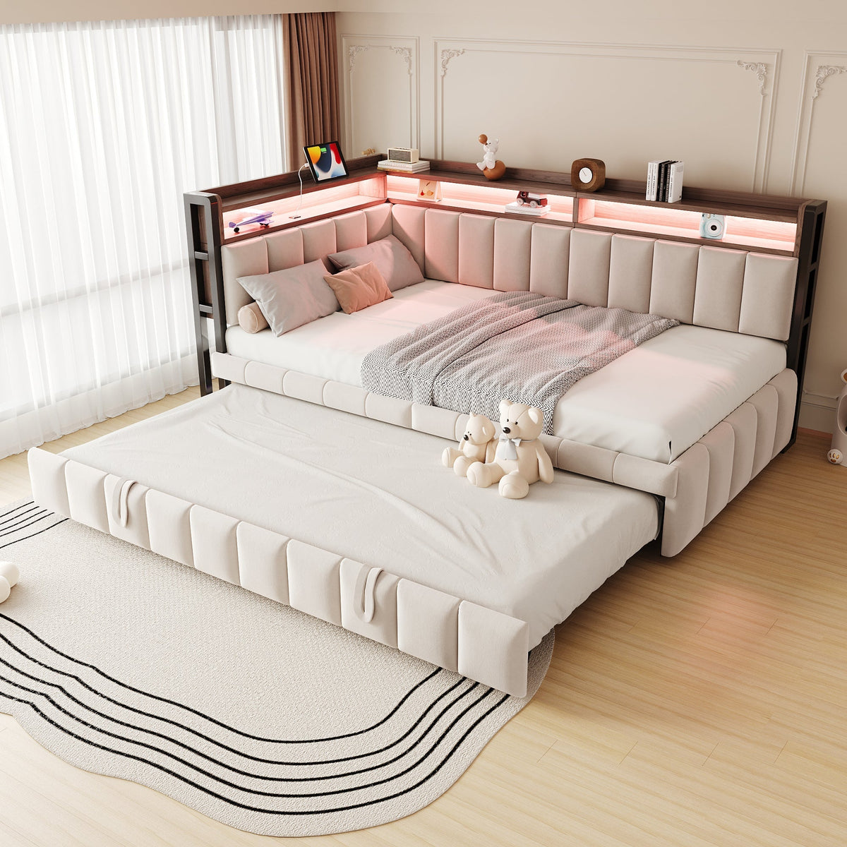 Upholstered Sofa Bed 90x200cm Pull-Out LED Storage USB/Type-C Beige Velvet