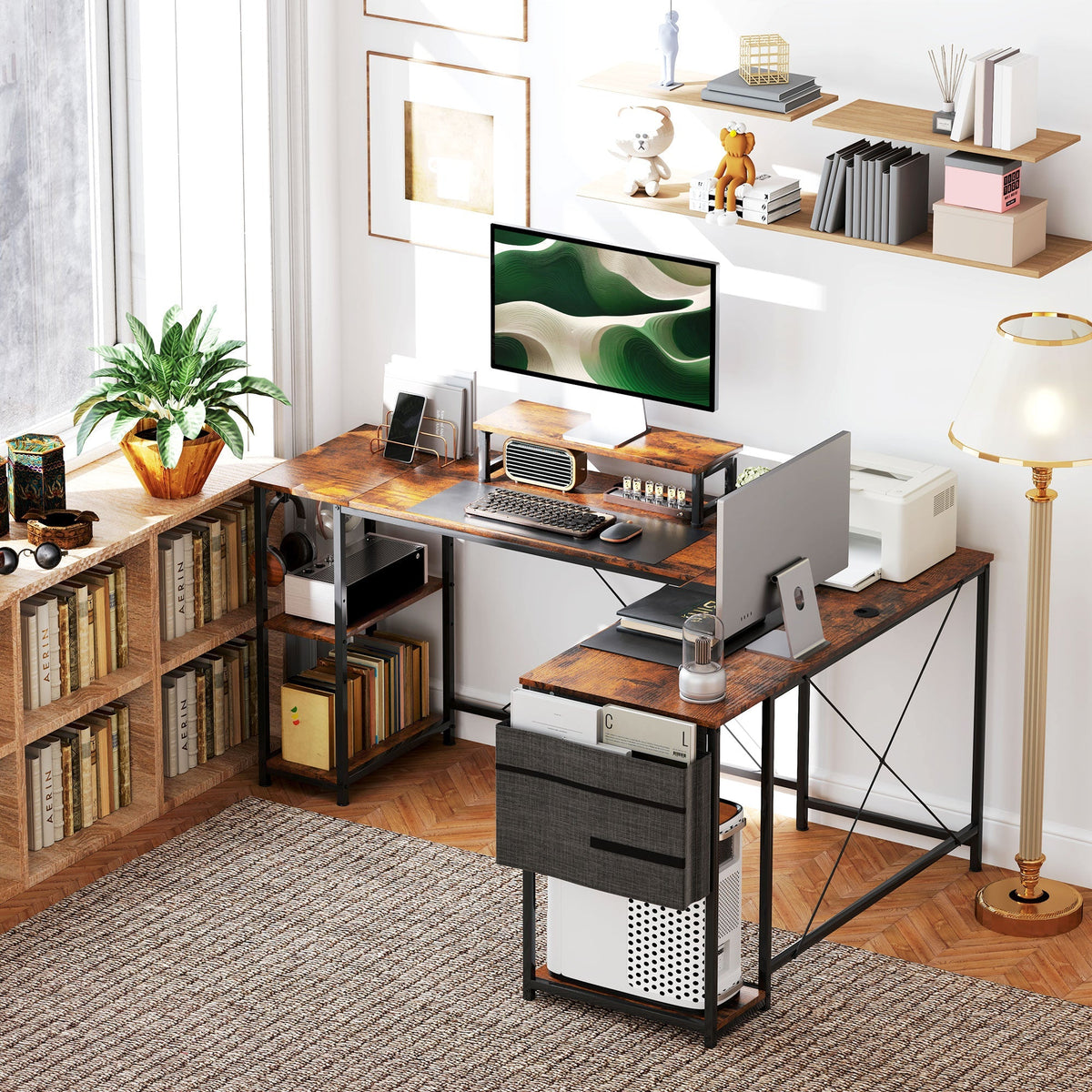 L-Shaped Desk with Corner Storage, Monitor Stand, Reversible - Rustic Brown