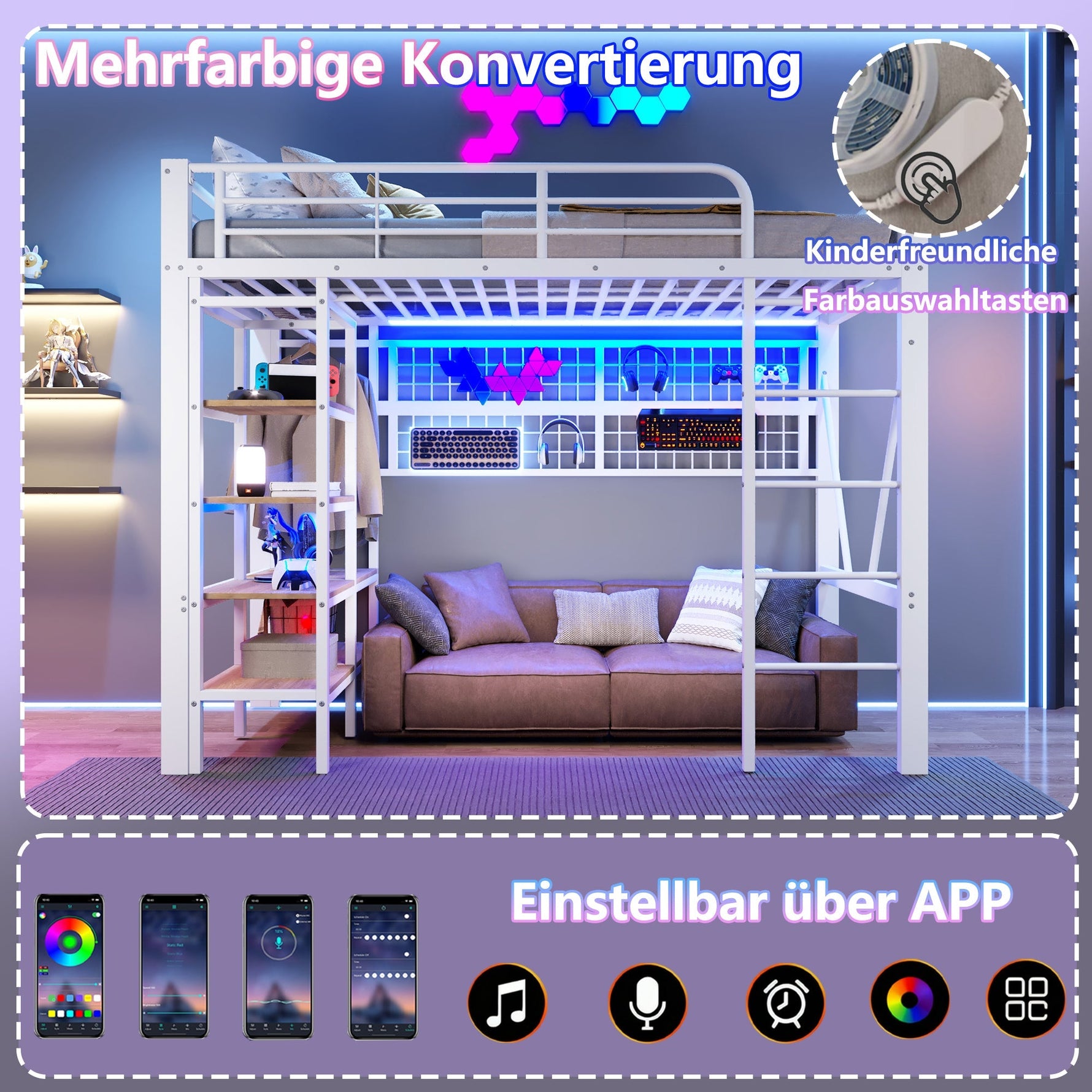 Loft Bed with Storage Compartment, LED Light Strip and Clothes Rail, White Iron Frame
