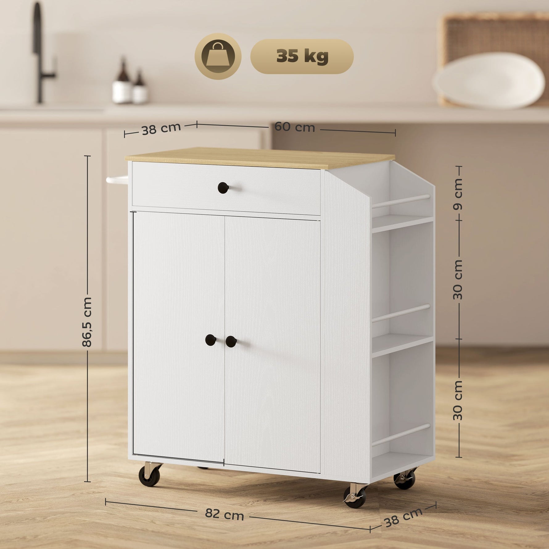 Kitchen Island Kitchen Trolley on Wheels with Worktop, Drawer, Cabinet, Spice Rack, Towel Rail, White
