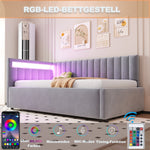 Upholstered Sofa Bed 90x200 with LED Lighting & Hydraulic Storage, Light Grey Velvet