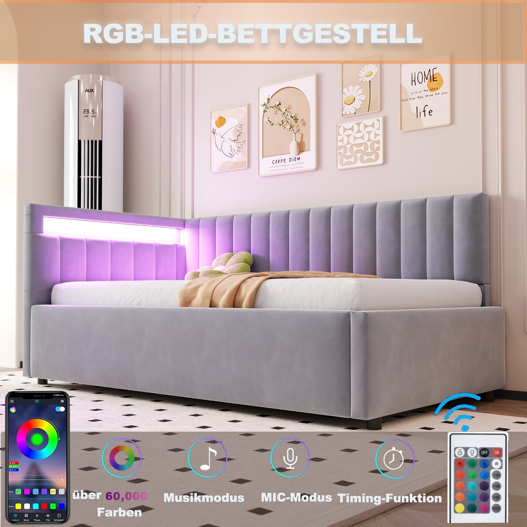 Upholstered Sofa Bed 90x200 with LED Lighting & Hydraulic Storage, Light Grey Velvet