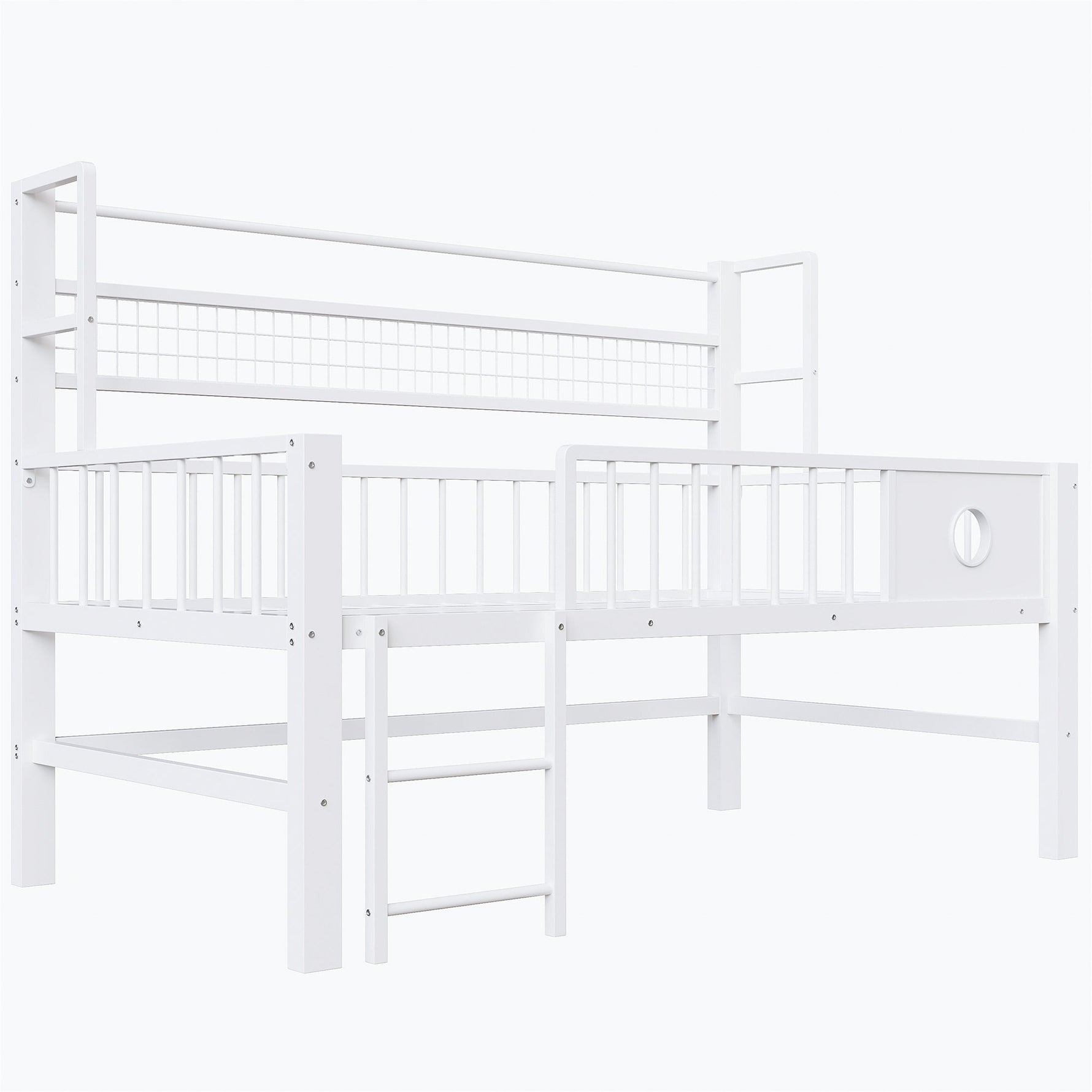Children's Low Loft Bed with Storage Compartments, 90x200cm, White Metal