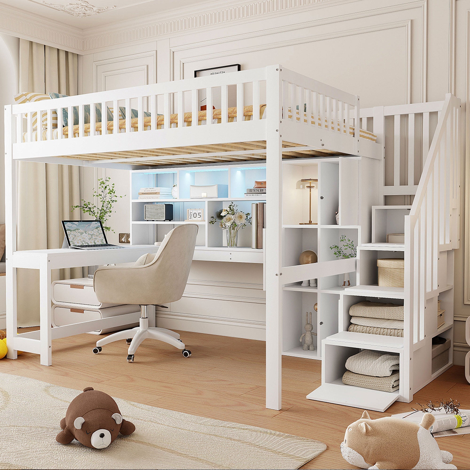 Loft Bed with LED Lights, Storage Ladder, Shelves and Desk, 140x200cm, White