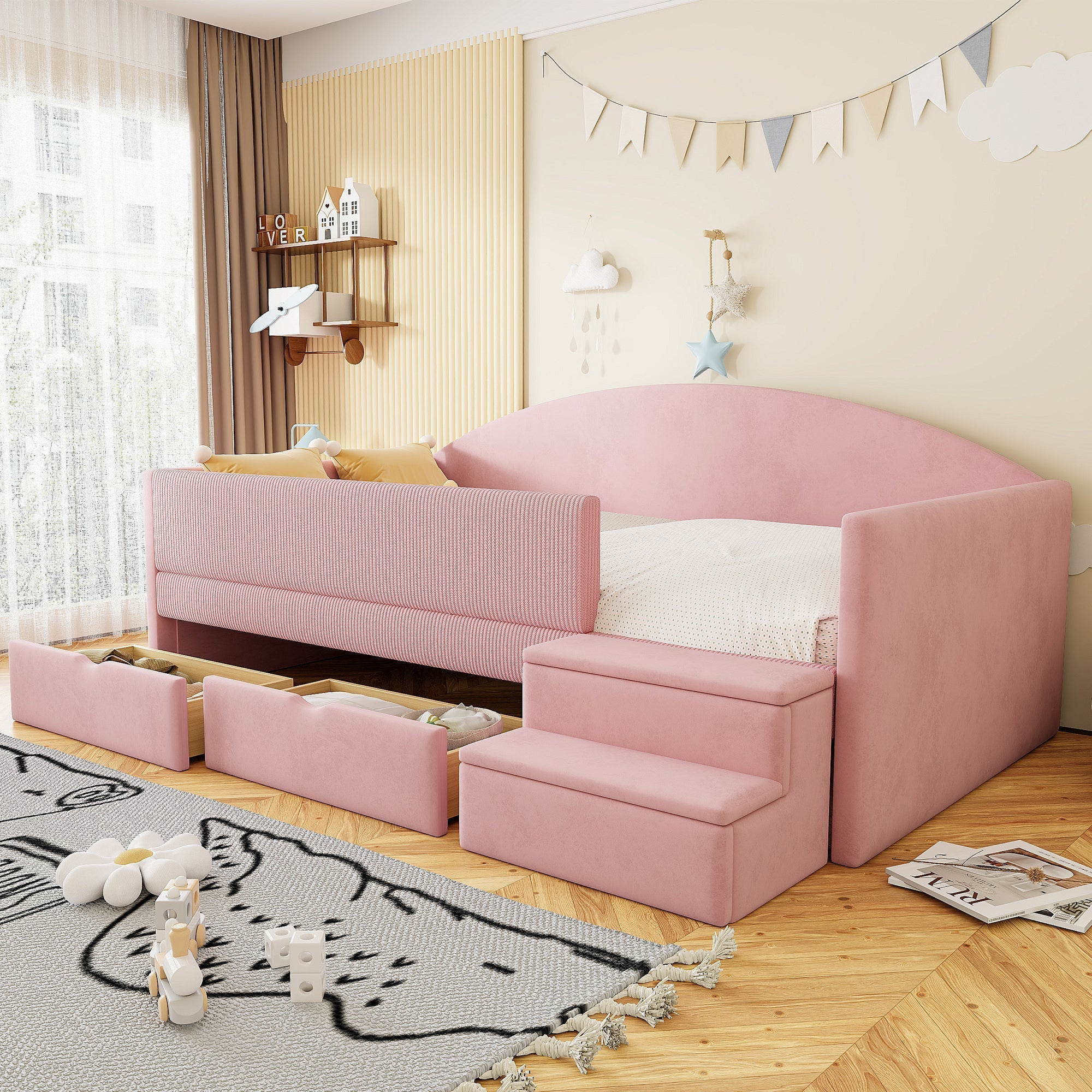 Upholstered Sofa Bed with Two Drawers, Railings and Steps, 90x190cm, Pink Velvet