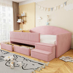 Upholstered Sofa Bed with Two Drawers, Railings and Steps, 90x190cm, Pink Velvet